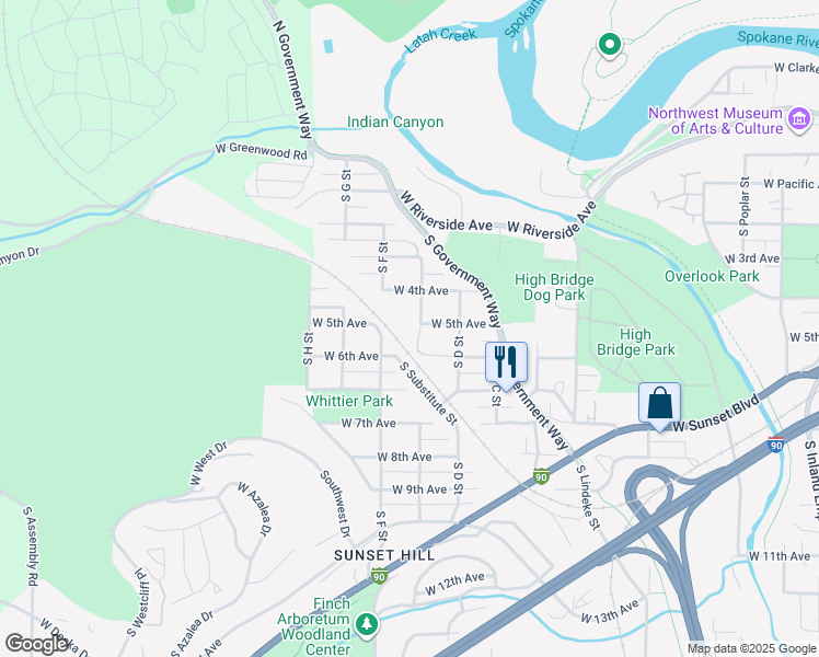 map of restaurants, bars, coffee shops, grocery stores, and more near 3305 West 5th Avenue in Spokane