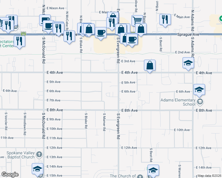map of restaurants, bars, coffee shops, grocery stores, and more near 13812 East 5th Court in Spokane Valley