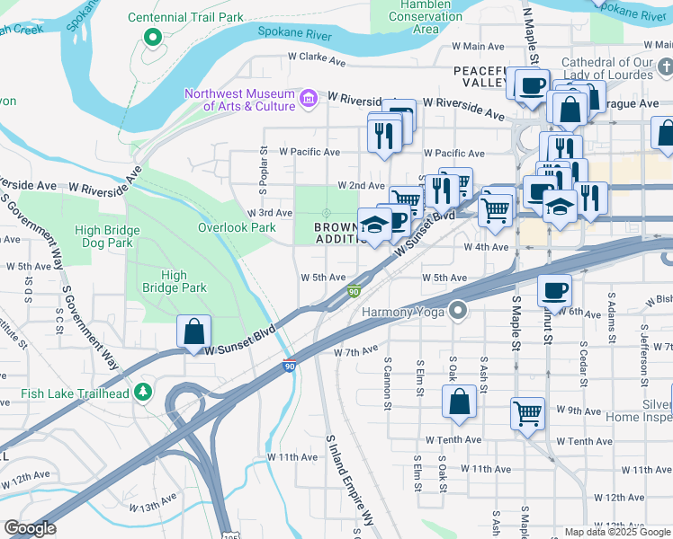 map of restaurants, bars, coffee shops, grocery stores, and more near 2124 West 5th Avenue in Spokane