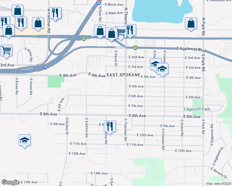 map of restaurants, bars, coffee shops, grocery stores, and more near 6601 East 6th Avenue in Spokane Valley