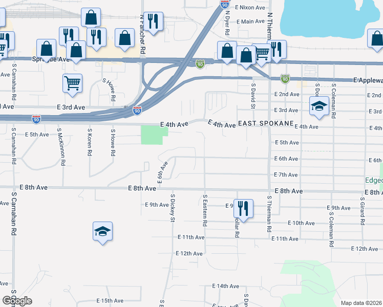 map of restaurants, bars, coffee shops, grocery stores, and more near 6121 East 6th Avenue in Spokane Valley