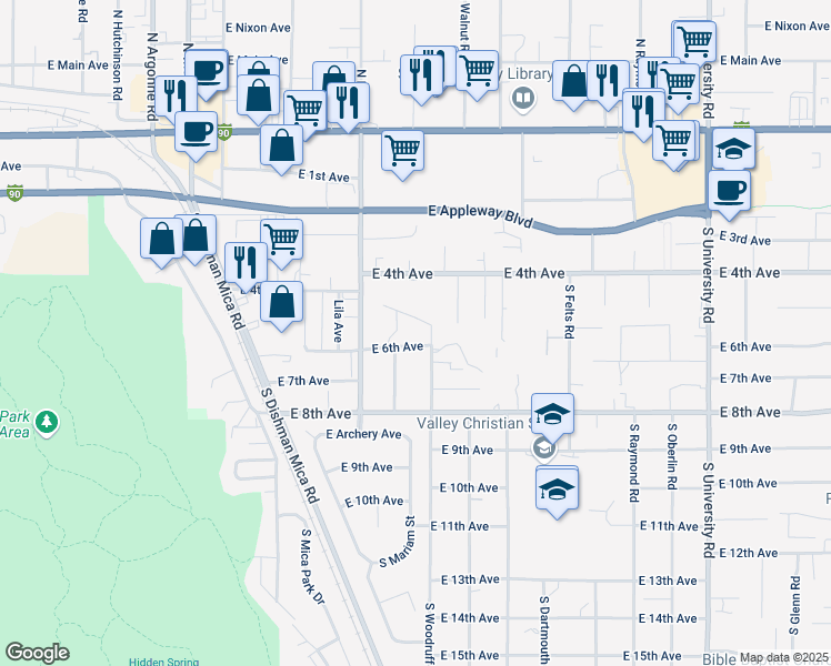 map of restaurants, bars, coffee shops, grocery stores, and more near 9717 East 6th Avenue in Spokane Valley