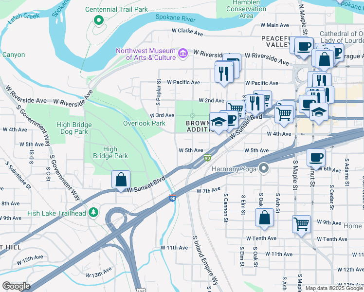 map of restaurants, bars, coffee shops, grocery stores, and more near 418 South Hemlock Street in Spokane
