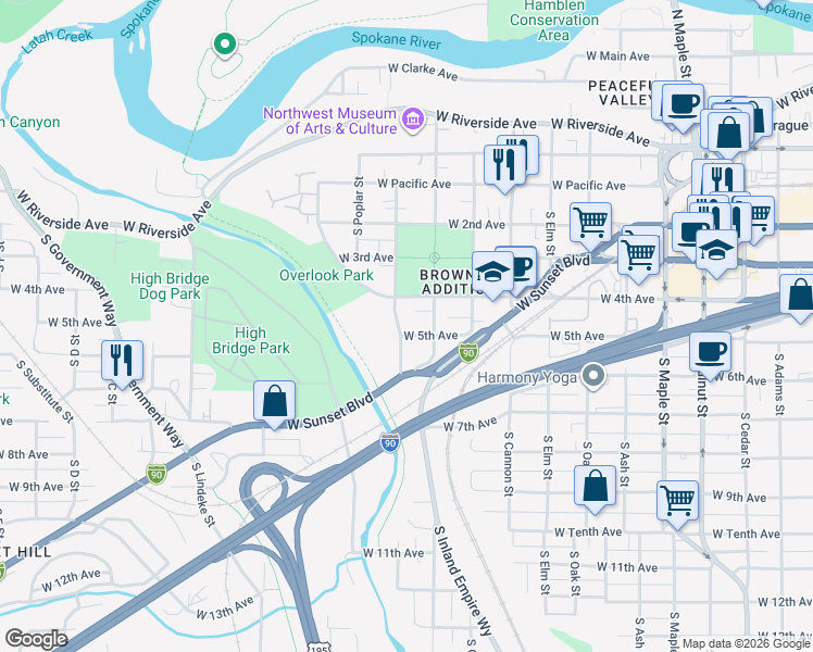map of restaurants, bars, coffee shops, grocery stores, and more near 418 South Hemlock Street in Spokane