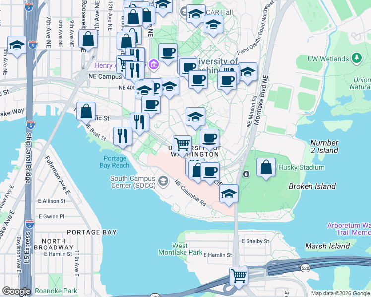 map of restaurants, bars, coffee shops, grocery stores, and more near in Seattle