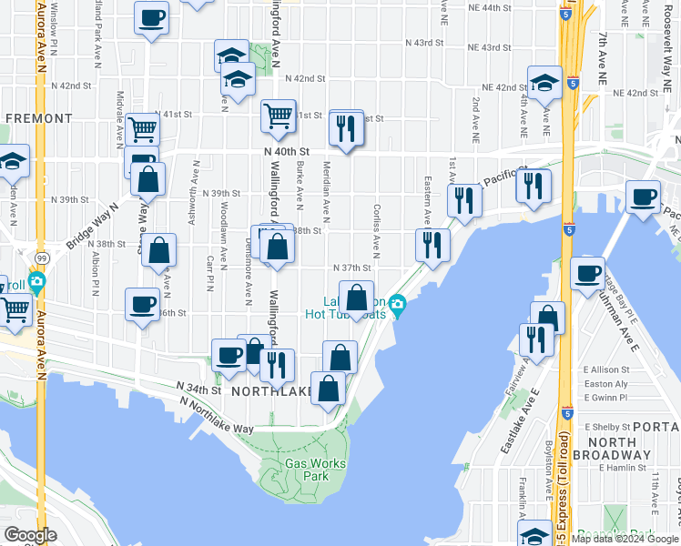 map of restaurants, bars, coffee shops, grocery stores, and more near 3702 Bagley Avenue North in Seattle