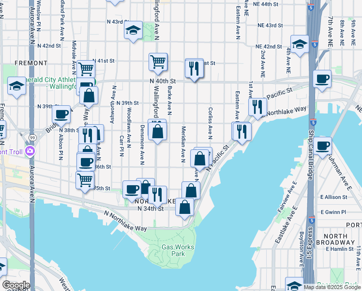 map of restaurants, bars, coffee shops, grocery stores, and more near 3703 Meridian Avenue North in Seattle