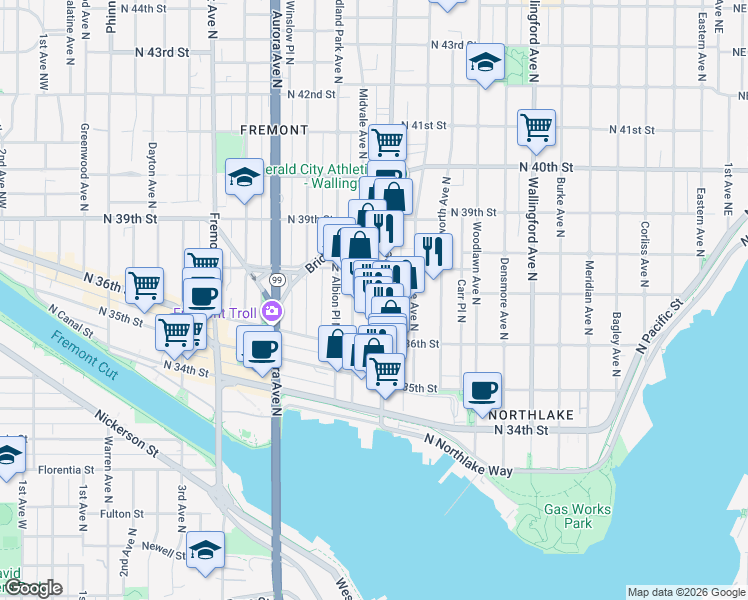 map of restaurants, bars, coffee shops, grocery stores, and more near 3647 Stone Way North in Seattle