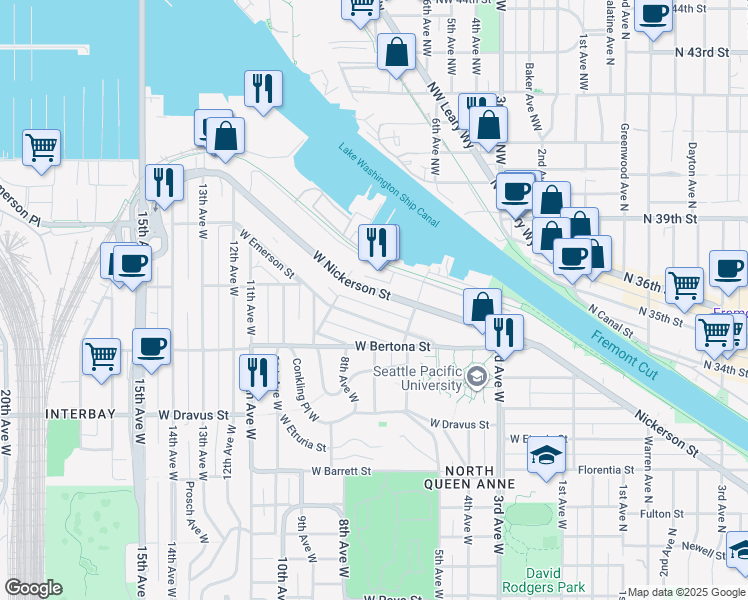 map of restaurants, bars, coffee shops, grocery stores, and more near 661 West Nickerson Street in Seattle