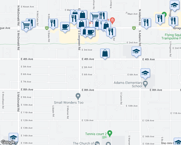 map of restaurants, bars, coffee shops, grocery stores, and more near 14011 East 6th Avenue in Spokane Valley