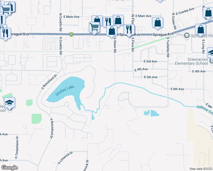 map of restaurants, bars, coffee shops, grocery stores, and more near 516 South Steen Road in Spokane Valley