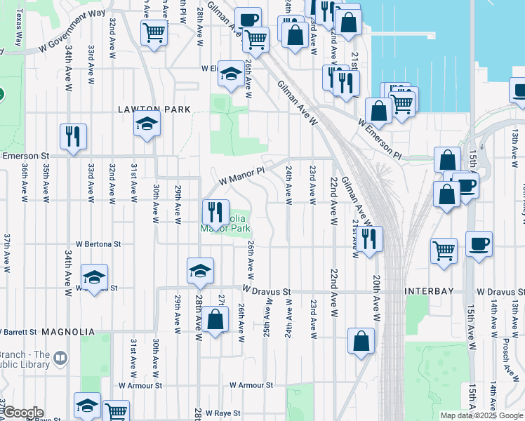 map of restaurants, bars, coffee shops, grocery stores, and more near 3501 26th Place West in Seattle