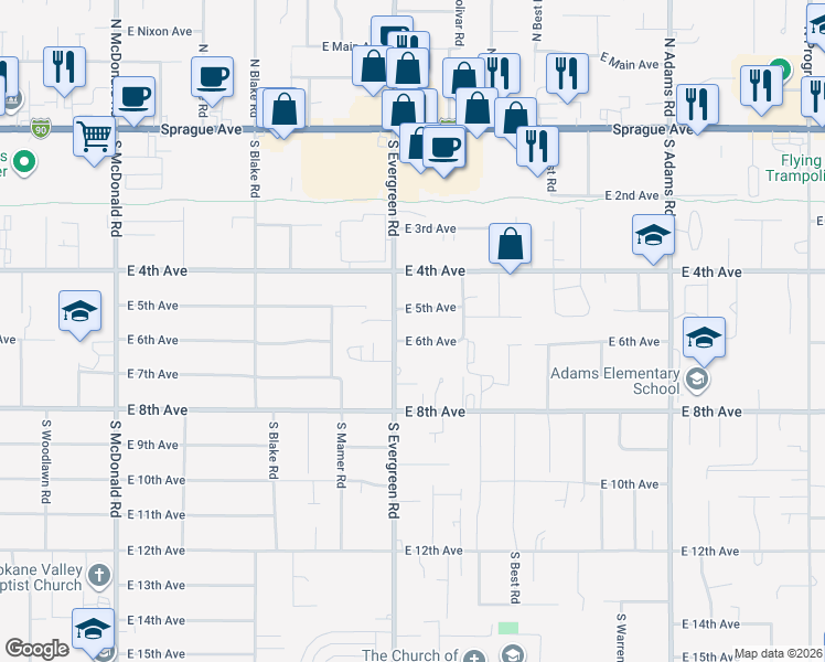 map of restaurants, bars, coffee shops, grocery stores, and more near 13913 East 6th Avenue in Spokane Valley