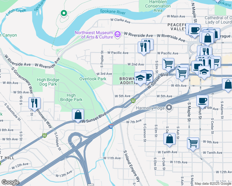 map of restaurants, bars, coffee shops, grocery stores, and more near 418 South Hemlock Street in Spokane