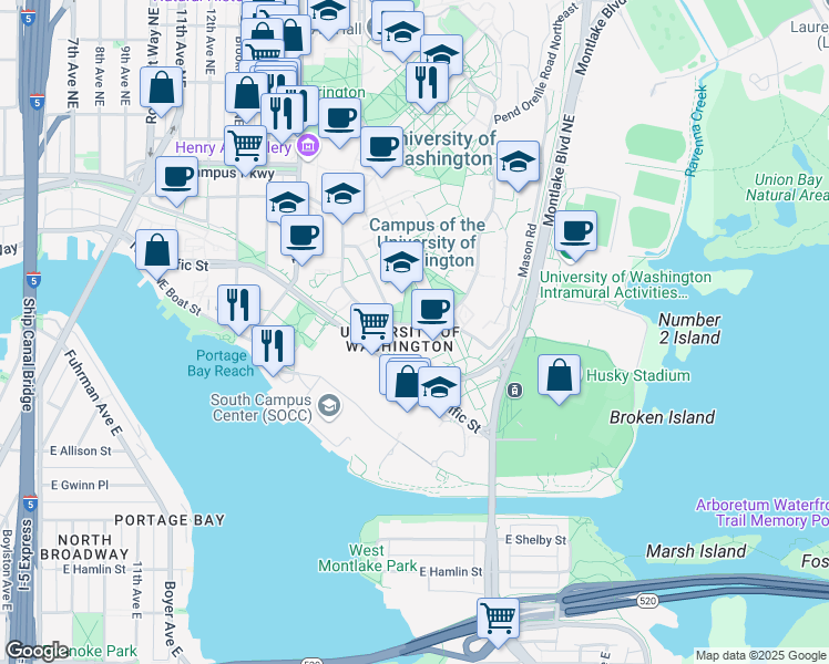 map of restaurants, bars, coffee shops, grocery stores, and more near 4000 15th Avenue Northeast in Seattle