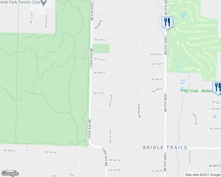 map of restaurants, bars, coffee shops, grocery stores, and more near 13266 Northeast 47th Street in Bellevue