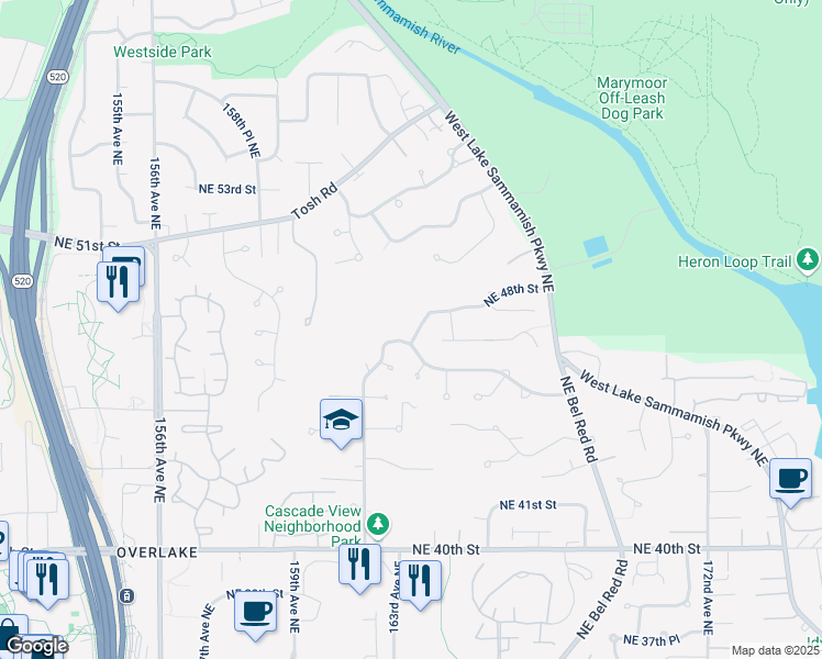 map of restaurants, bars, coffee shops, grocery stores, and more near 4712 164th Place Northeast in Redmond