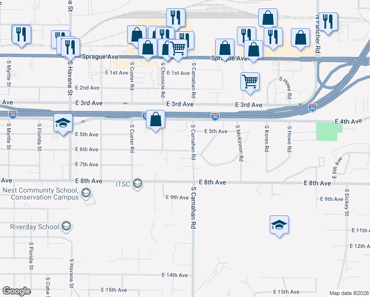 map of restaurants, bars, coffee shops, grocery stores, and more near 520 South Carnahan Road in Spokane Valley