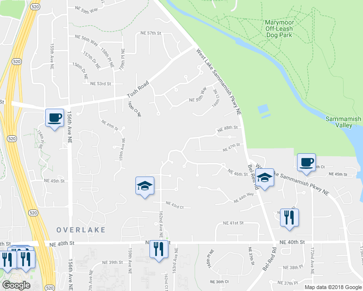 map of restaurants, bars, coffee shops, grocery stores, and more near 4712 164th Place Northeast in Redmond