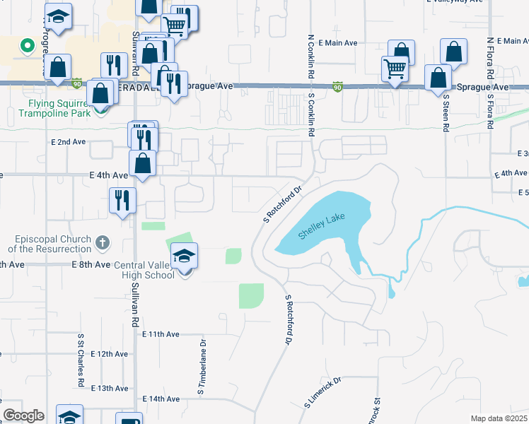 map of restaurants, bars, coffee shops, grocery stores, and more near 527 South Sonora Lane in Spokane Valley