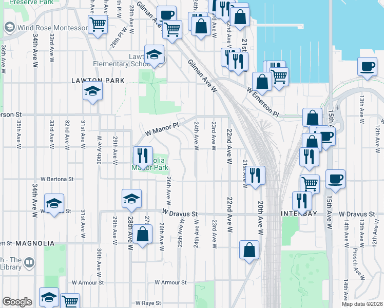 map of restaurants, bars, coffee shops, grocery stores, and more near 3451 24th Avenue West in Seattle