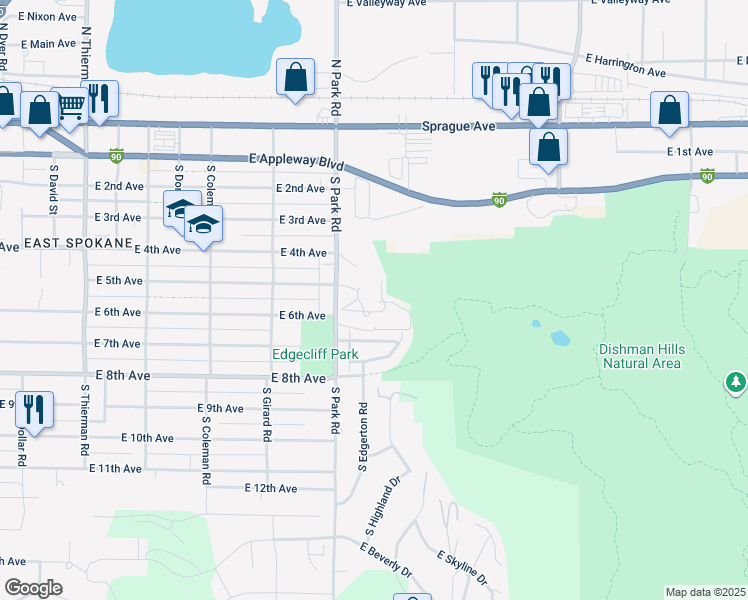 map of restaurants, bars, coffee shops, grocery stores, and more near 601 South Park Road in Spokane