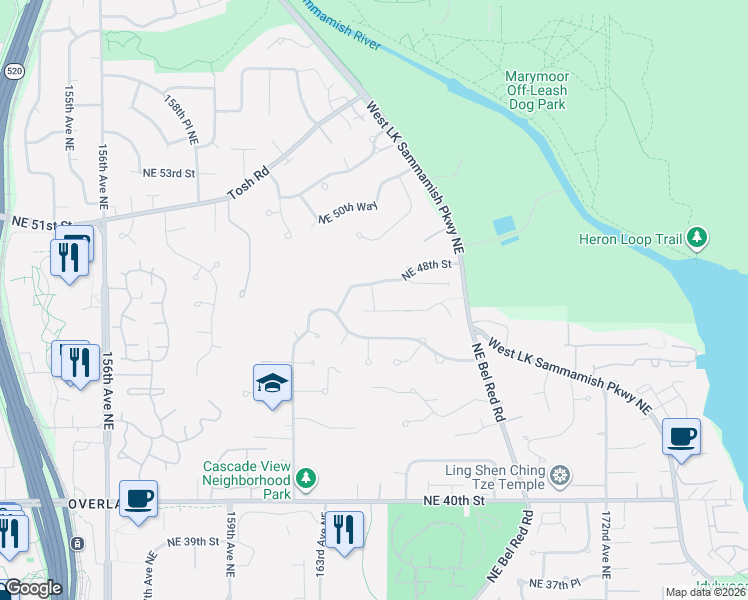 map of restaurants, bars, coffee shops, grocery stores, and more near 4728 165th Place Northeast in Redmond