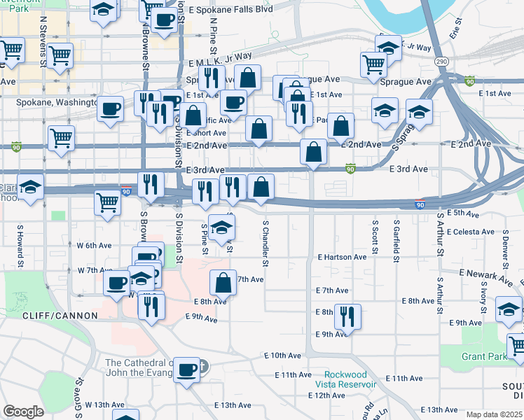 map of restaurants, bars, coffee shops, grocery stores, and more near 251 East 5th Avenue in Spokane