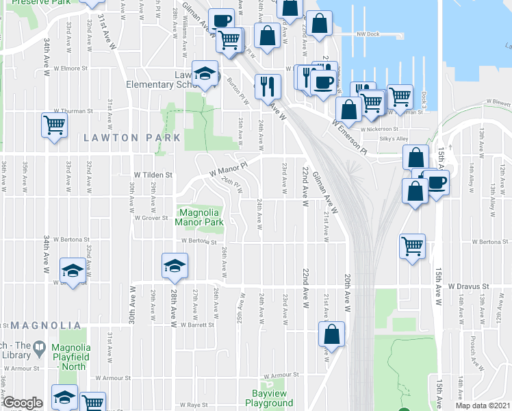 map of restaurants, bars, coffee shops, grocery stores, and more near 3451 24th Avenue West in Seattle