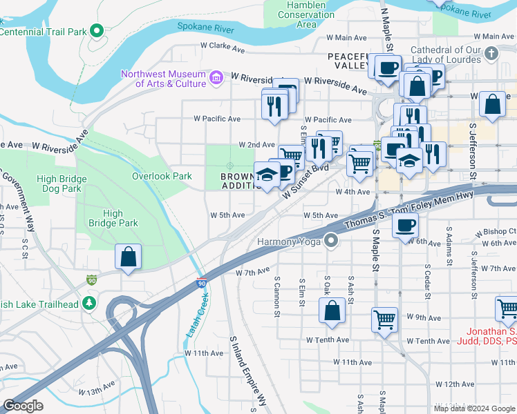 map of restaurants, bars, coffee shops, grocery stores, and more near 415 South Chestnut Street in Spokane