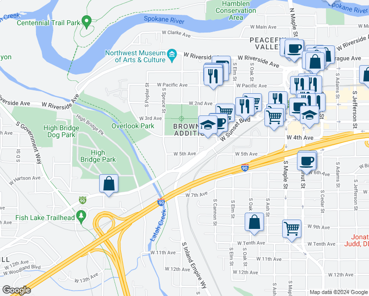 map of restaurants, bars, coffee shops, grocery stores, and more near 2124 West 5th Avenue in Spokane