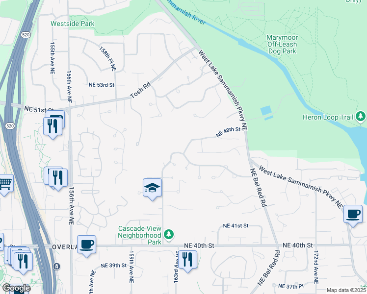 map of restaurants, bars, coffee shops, grocery stores, and more near 4712 164th Place Northeast in Redmond