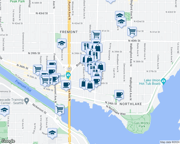 map of restaurants, bars, coffee shops, grocery stores, and more near 3647 Stone Way North in Seattle
