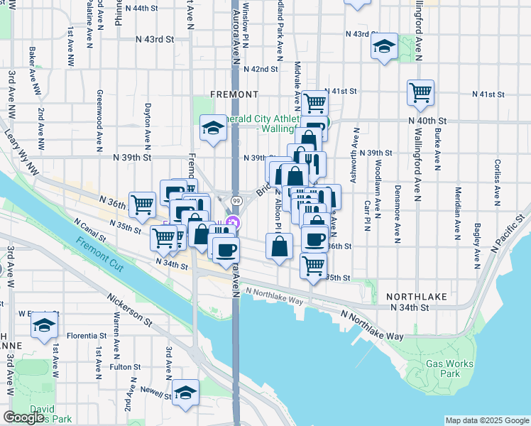 map of restaurants, bars, coffee shops, grocery stores, and more near 3659 Whitman Avenue North in Seattle