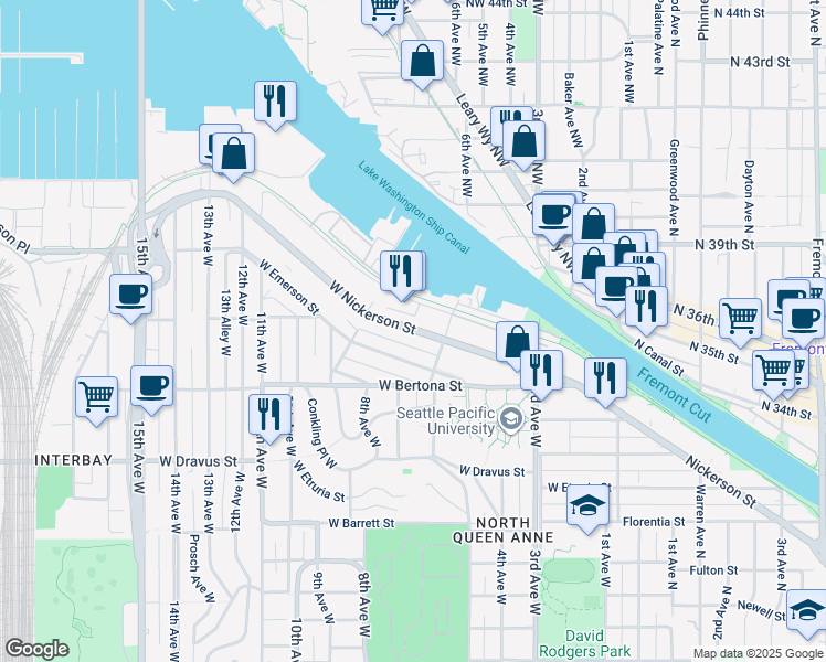 map of restaurants, bars, coffee shops, grocery stores, and more near 626 West Nickerson Street in Seattle
