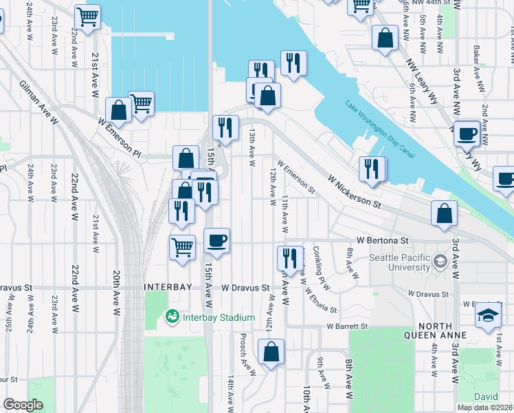 map of restaurants, bars, coffee shops, grocery stores, and more near 1215 West Ruffner Street in Seattle