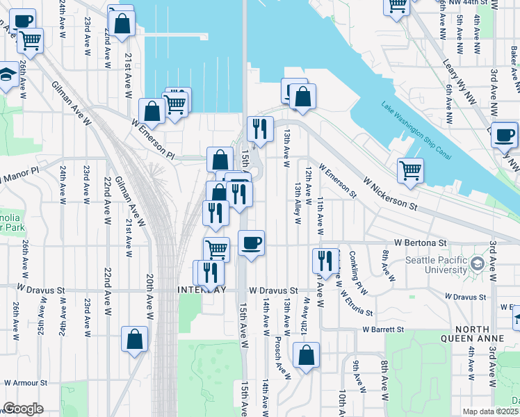 map of restaurants, bars, coffee shops, grocery stores, and more near 3435 15th Avenue West in Seattle