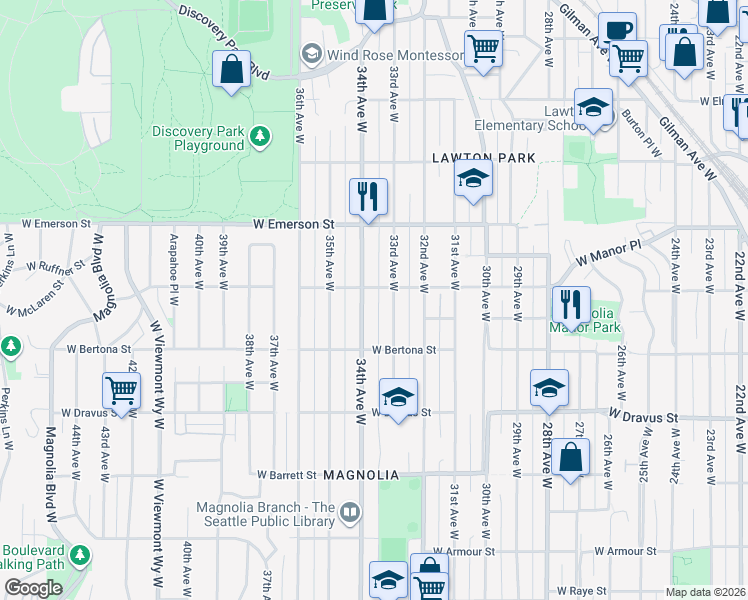 map of restaurants, bars, coffee shops, grocery stores, and more near 3451 33rd Avenue West in Seattle