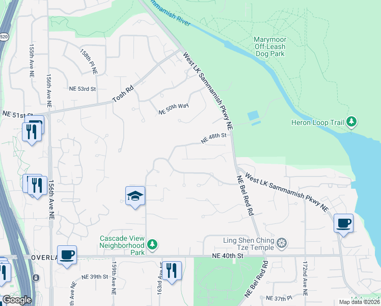 map of restaurants, bars, coffee shops, grocery stores, and more near 4728 165th Place Northeast in Redmond