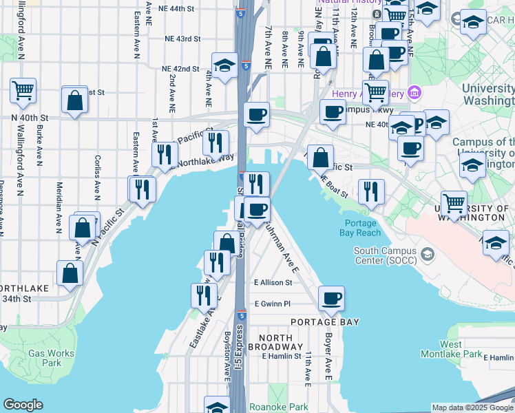 map of restaurants, bars, coffee shops, grocery stores, and more near in Seattle