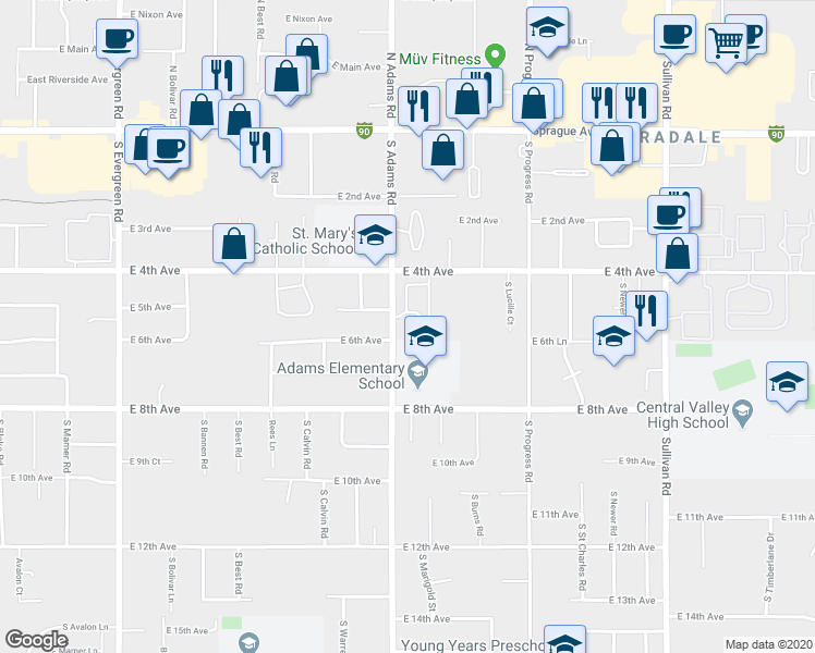 map of restaurants, bars, coffee shops, grocery stores, and more near 421 South Adams Road in Spokane Valley