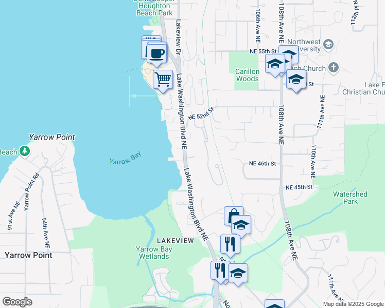 map of restaurants, bars, coffee shops, grocery stores, and more near 4604 Lake Washington Boulevard Northeast in Kirkland