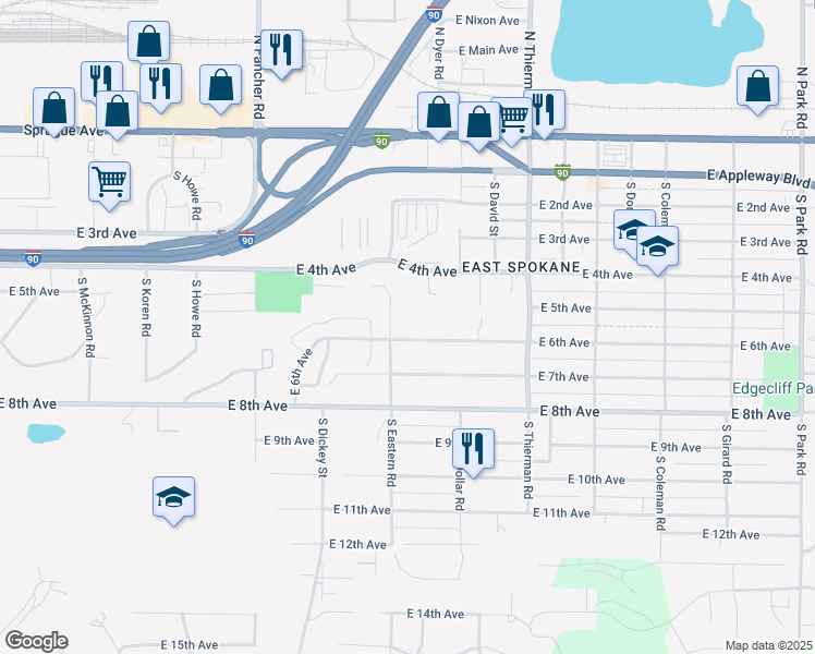 map of restaurants, bars, coffee shops, grocery stores, and more near 6311 East 6th Avenue in Spokane Valley
