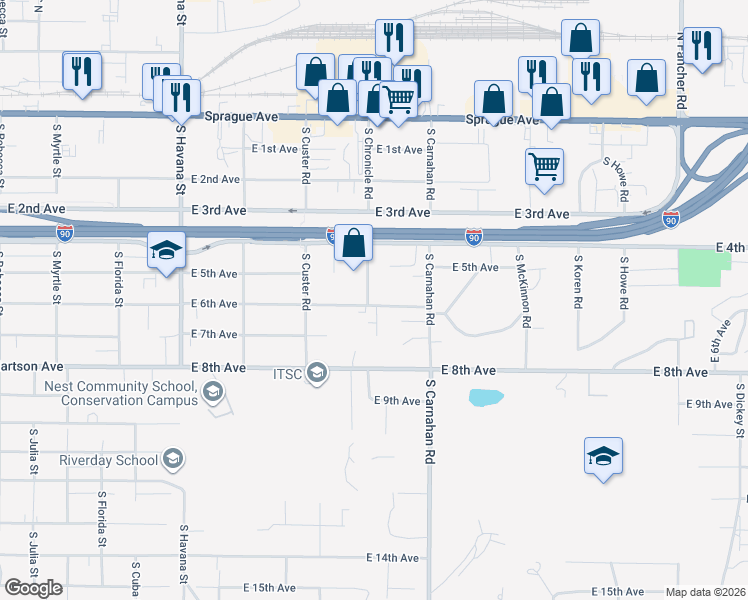 map of restaurants, bars, coffee shops, grocery stores, and more near 4821 East 6th Avenue in Spokane Valley