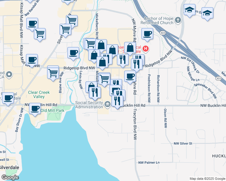 map of restaurants, bars, coffee shops, grocery stores, and more near 9860 Bushlac Lane Northwest in Silverdale