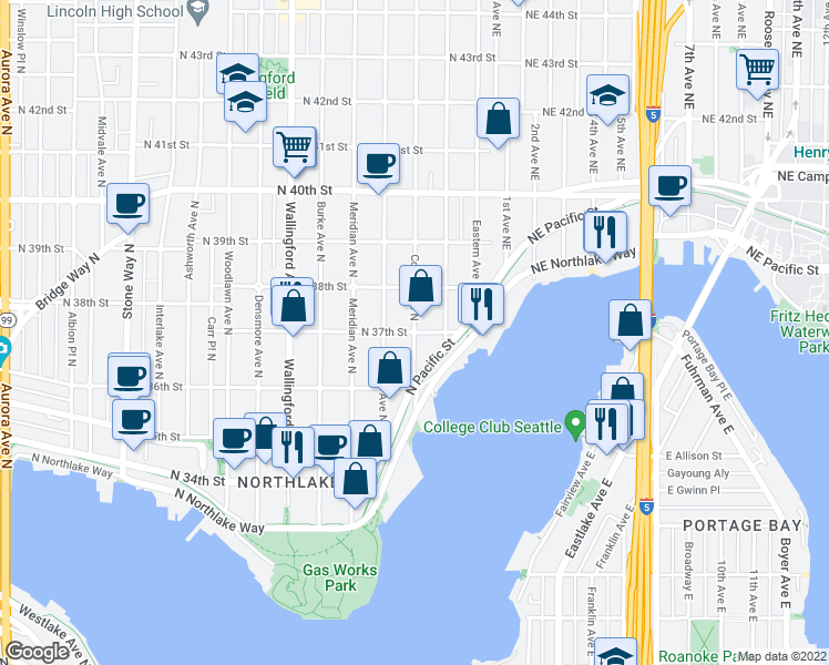 map of restaurants, bars, coffee shops, grocery stores, and more near Corliss Avenue North & North 37th Street in Seattle