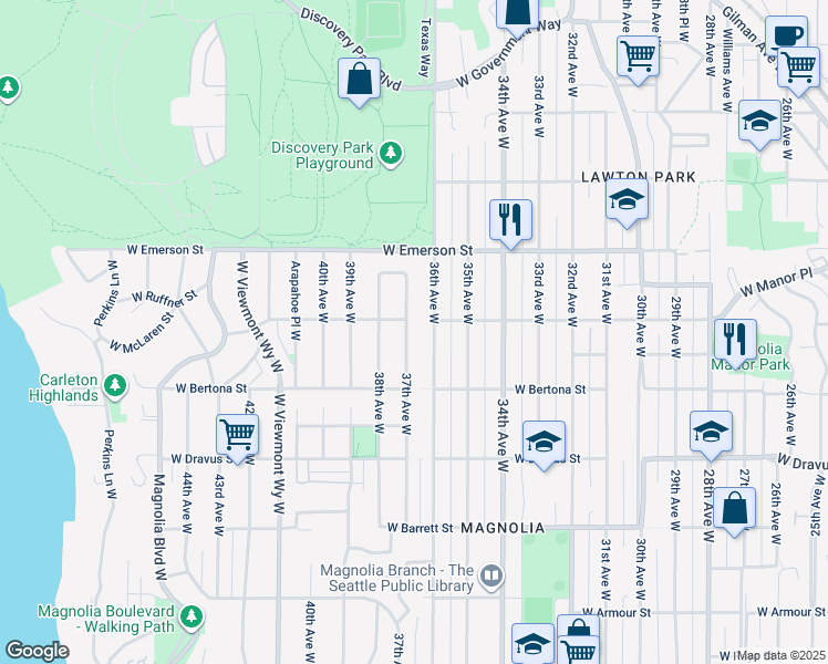 map of restaurants, bars, coffee shops, grocery stores, and more near 3450 37th Avenue West in Seattle