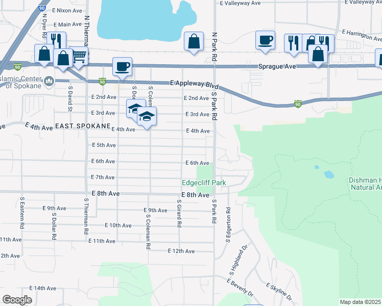 map of restaurants, bars, coffee shops, grocery stores, and more near 7314 East 5th Avenue in Spokane Valley