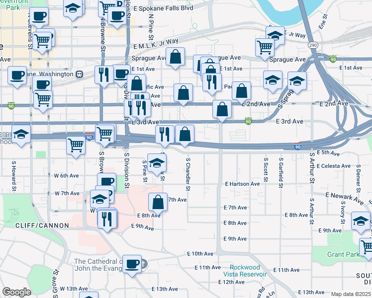 map of restaurants, bars, coffee shops, grocery stores, and more near 251 East 5th Avenue in Spokane