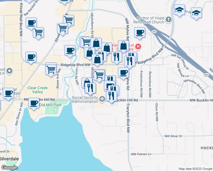 map of restaurants, bars, coffee shops, grocery stores, and more near 9860 Bushlac Lane Northwest in Silverdale